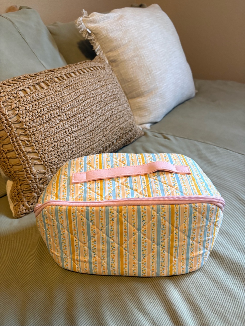 Pink & Yellow Quilted Travel Storage Case - Small Cosmetic Organizer